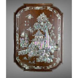 Old Wooden Panel Decorated With Mother-of-pearl Inlays "sinner" Indochina