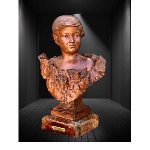 Bust Of A Young Woman In Terracotta On A Wooden Base Signed "a. Channeboux"