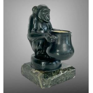 Max Le Verrier (1891-1973) Monkey Pencil Holder Signed In Metal Green Patina