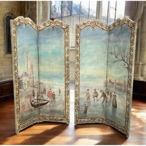 Pair Of 2-leaf Screens / Northern School / Painted Canvas "the Skaters"