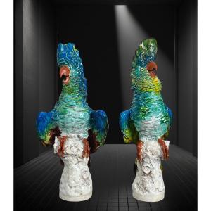 Pair Of Polychrome Glazed Ceramic Cockatoos Bearing A Signature