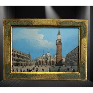 Tableau / Gouache Du XIXe " Place Saint Marc A Venise "dans Le Gout De Canaletto