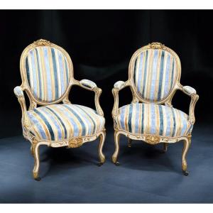 Pair Of Napoleon III Period Cabriolet Armchairs In Lacquered Wood With Gilded Rechampi