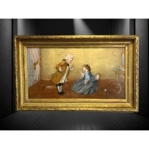 Painting / Oil On Wood Panel From The 19th Century Representing A Romantic Scene