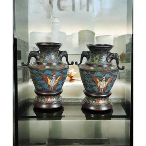 Pair Of Late 19th Century Bronze And Polychrome Cloisonné Enamel Vases