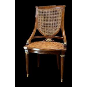 19th Century Empire Style Mahogany Caned Desk Chair Decorated With Gilt Bronze