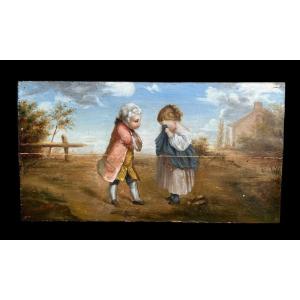 Oil On Wood Panel From The 19th Century Representing A Romantic Scene In The Louis XVI Style