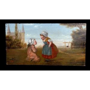 Painting / Oil On Wooden Panel From The 19th Century Representing A Romantic Scene