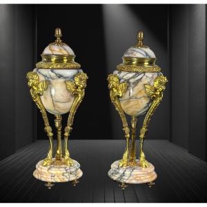 Pair Of 19th Century Marble Cassolettes Decorated With Gilt Bronze In The Louis XVI Style