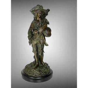 Antique Bronze With Shaded Patina Signed By "e. Clavier" The Bagpipe Player