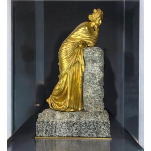 Rare Antique Gilt Bronze Sculpture Mounted On Granite "the Thinking Woman"