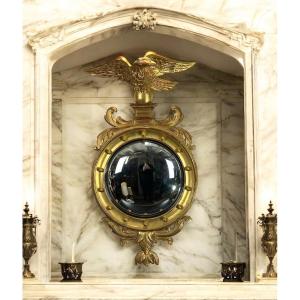 Miroir De Sorcière Ancien En Bois Doré Surmonté d'Un Aigle De Style Empire