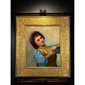 Russian Painting / Oil On Framed Wood Panel Representing A Portrait Of A Woman