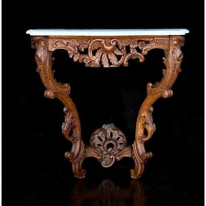 Console Ancienne De Style Louis XV En Chêne Sculpté Avec Un Dessus En Marbre