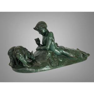 Emmanuel Fremier 1824 -1910 Bronze A Patine Verte " Pam Et Oursons " Signé