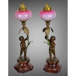 Pair Of Bronze Lamps Signed "auguste Moreau" Representing Putti