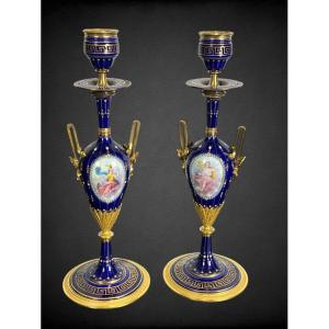  Pair Of Candlesticks Attributed To Alphonse Giroux In Gilt And Enameled Bronze 