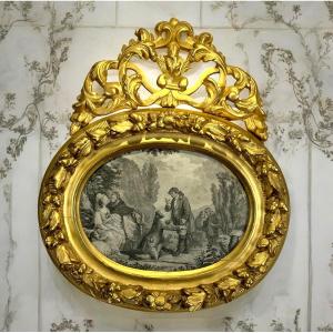 Cadre Ovale XVIIIe époque Louis XV En Bois Sculpté Doré Et Son Fronton Ajouré