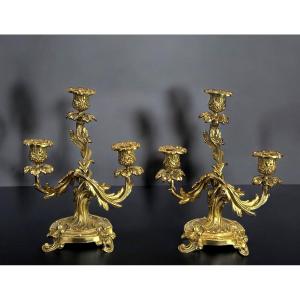 Pair Of Three-branch Candlesticks In Gilt Bronze, Late 19th Century, Louis XV Style