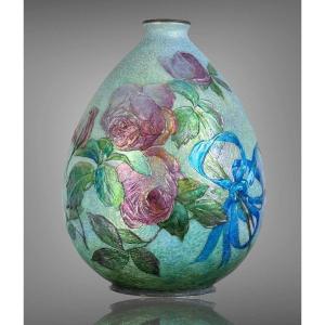 Camille Faure (1874-1956) In Limoges Large Ovoid Enamel Vase With Bas Relief