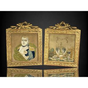 Pair Of Napoleonic Paintings In Printed Silk And Embroidered With Silk Threads