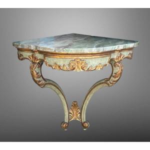 Console D Angle Du XIXe De Style Louis XV Peinte Et Dorée Avec Dessus Bois