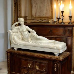 Very Large 19th Century Alabaster Sculpture After Canova (1757-1822) Pauline Borghese