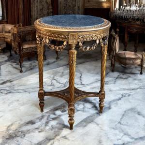 Antique Round Gueridon In Patinated Wood In Louis XVI Style With A Marble Top