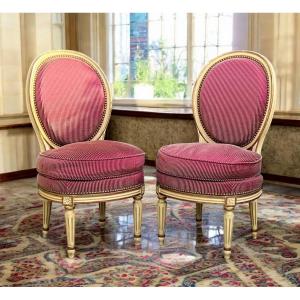 Pair Of Antique Louis XVI Style Fireside Chairs Well Upholstered With Fabric