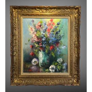 Painting / Oil On Canvas Depicting A Framed Bouquet Of Flowers