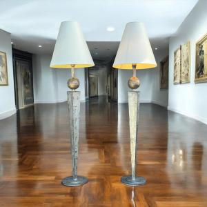 Large Pair Of 1.30 Meter High Silver Metal Lamps From The 70s