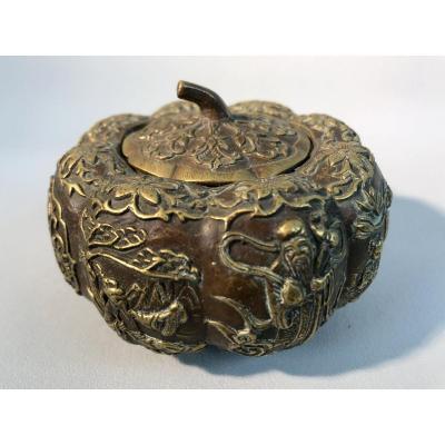 Old Asian Bronze Pot In The Shape Of Apple With Stamp On The Bottom