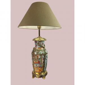 Antique Polychrome Porcelain Lamp Decorated With Bronze (famille Rose)