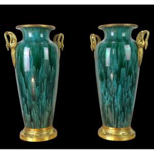 Pair Of Large Sevres Ceramic Vases Decorated With Gilt Bronze Swan Neck Decor