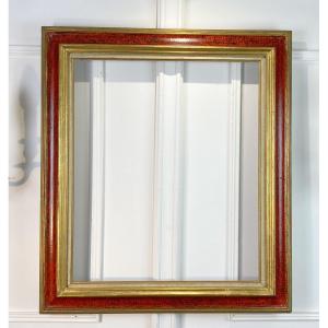 Old 20th Century Frame In Golden Wood / Red And Black For Painting 64 Cm X 56 Cm