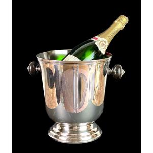 Art Deco Champagne Bucket From Maison Christofle In Silver Metal And Ebony