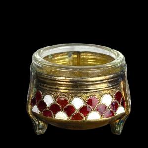 Russian Salt Shaker In Enameled Golden Metal With Its Signed And Numbered Glass Verrine