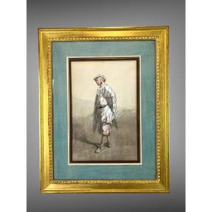 Paul Gavarni 1804/1866 Watercolor Drawing Under Glass "a Moment To You" Framed