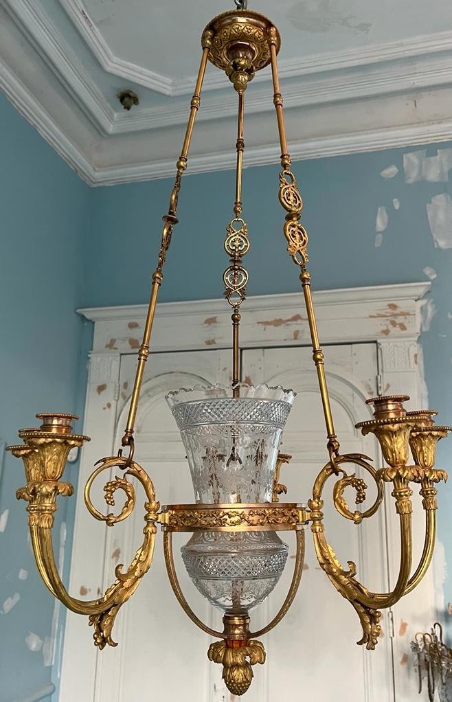 Lustre Néoclassique à 6 Bras De Lumière En Bronze Doré Et Cristal Gravé