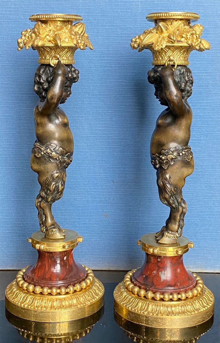 Beurdeley, Paire De Candelabres De Style Louis XVI En Bronze Doré Et Patiné, Et Rouge Griotte-photo-2