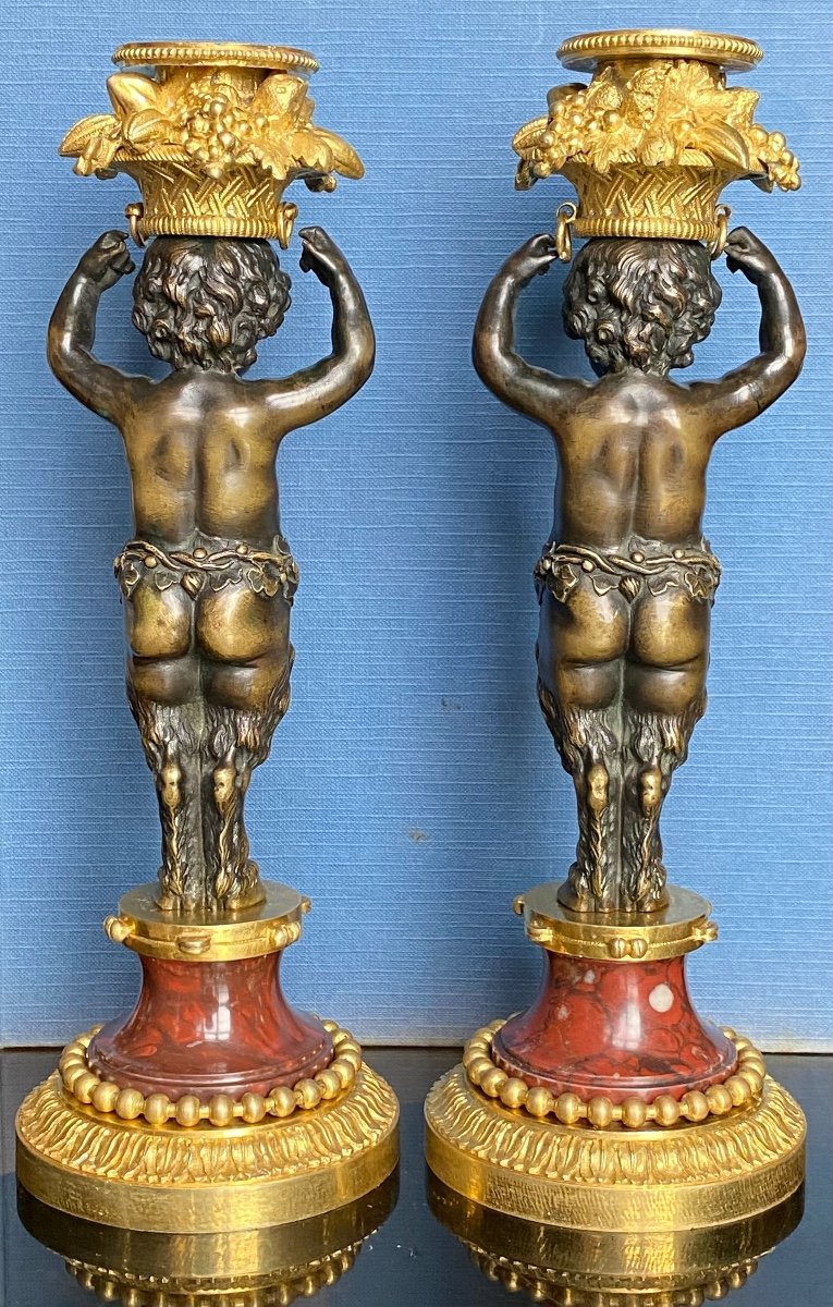 Beurdeley, Paire De Candelabres De Style Louis XVI En Bronze Doré Et Patiné, Et Rouge Griotte-photo-3