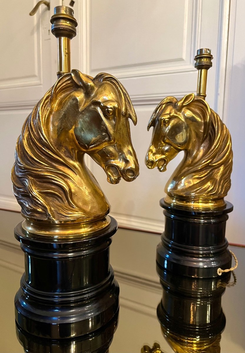 Paire De Lampes Tête De Cheval En Bronze Doré, Maison Jansen Attribué à-photo-4