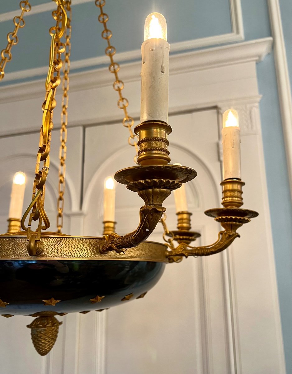 Gilded Bronze & Steel Blue Empire Style Chandelier -photo-2