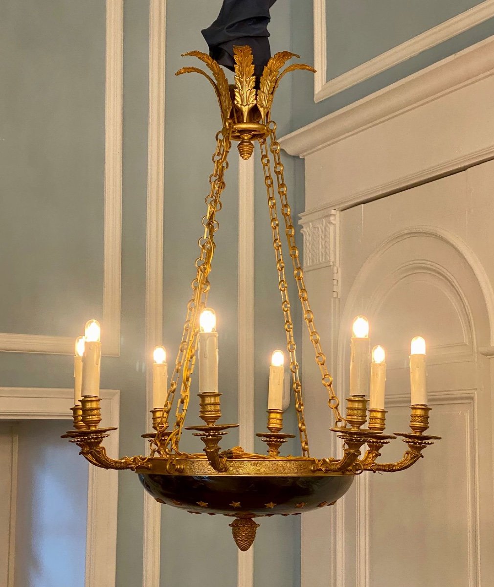 Gilded Bronze & Steel Blue Empire Style Chandelier -photo-1