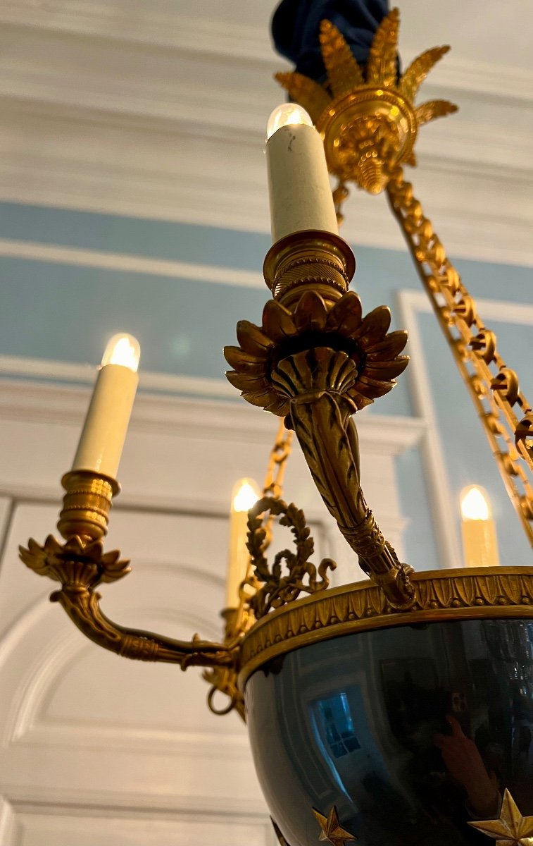 Gilded Bronze & Steel Blue Empire Style Chandelier -photo-2