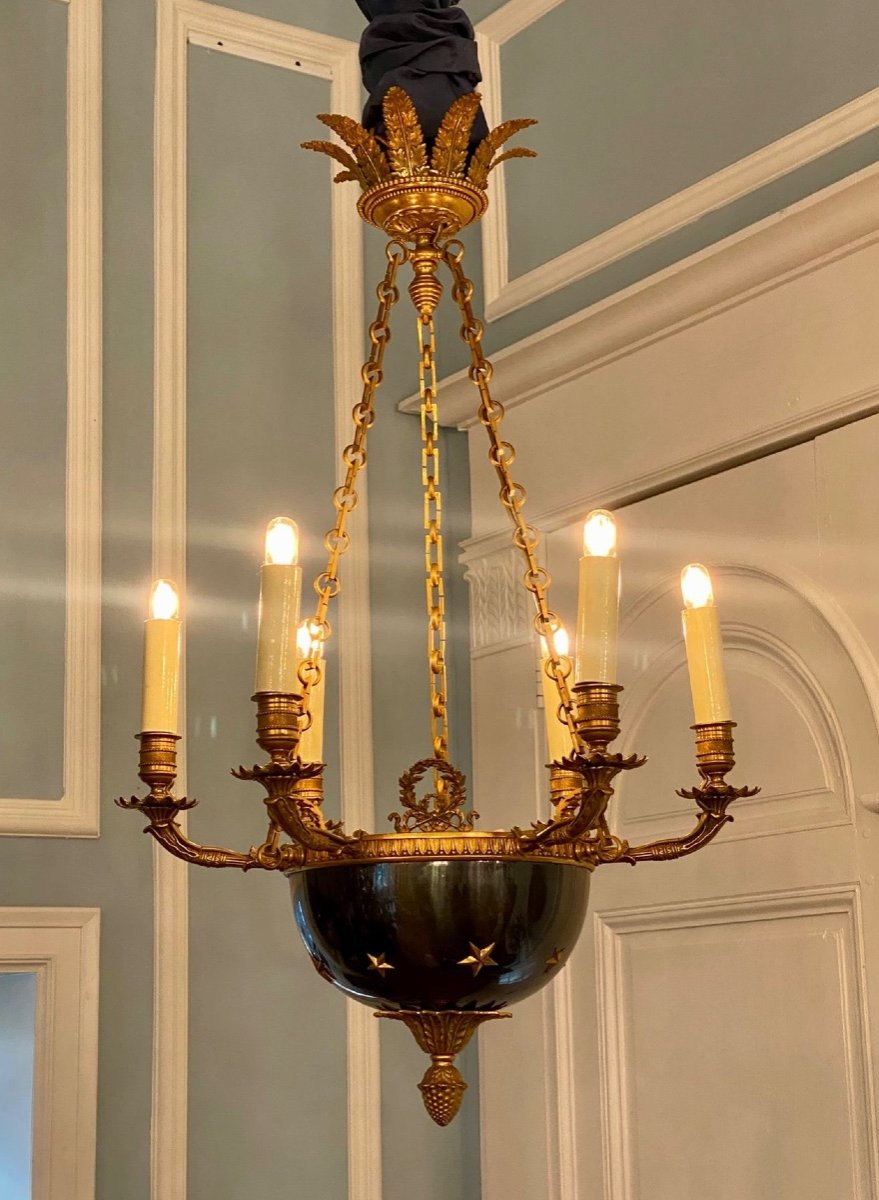 Gilded Bronze & Steel Blue Empire Style Chandelier 