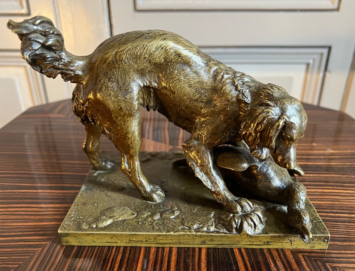 Barye Workshop - Lifetime Cast, Animalier Bronze “spaniel In A Hunting Stance On A Goose”  -photo-2