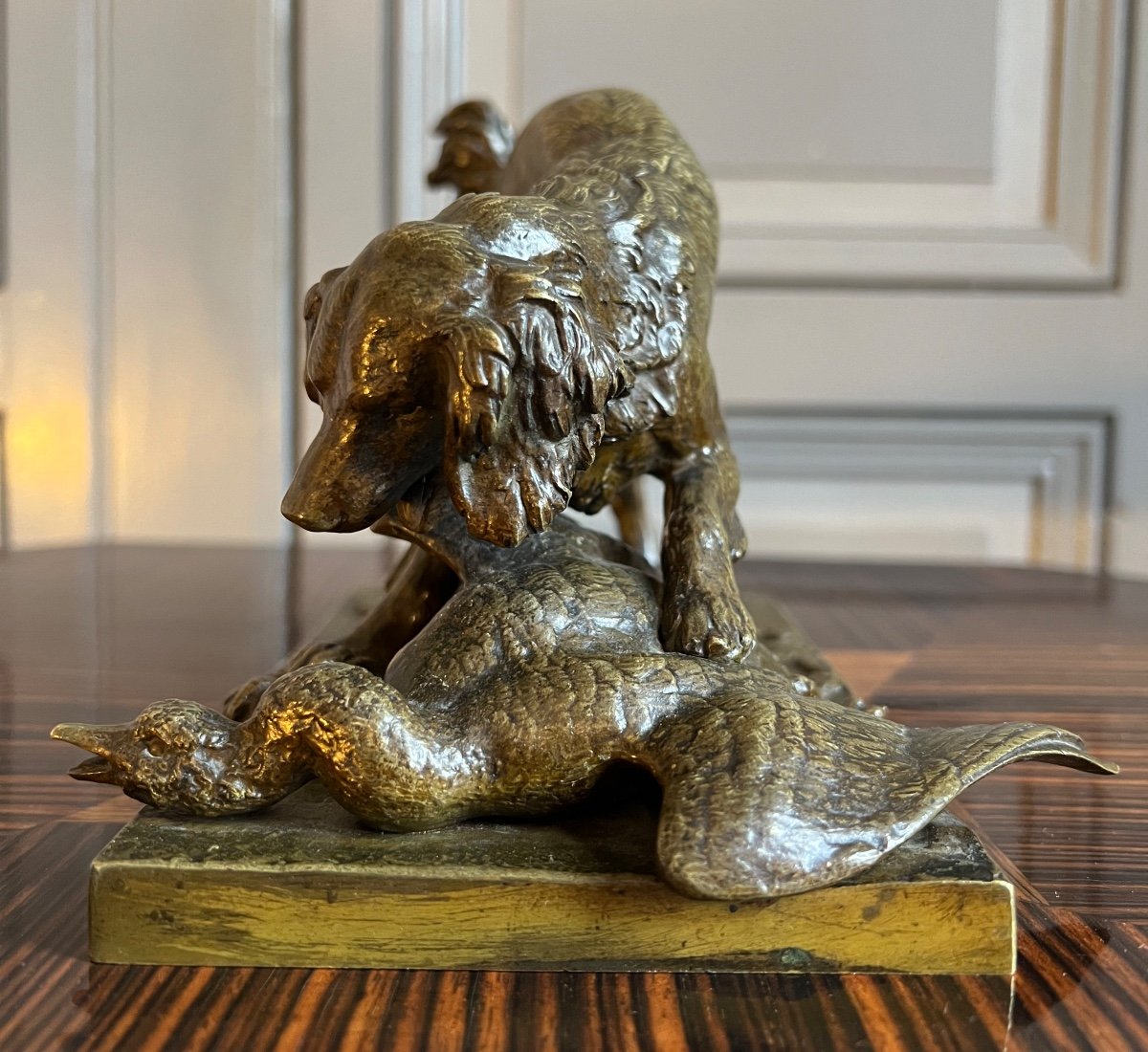 Barye Workshop - Lifetime Cast, Animalier Bronze “spaniel In A Hunting Stance On A Goose”  -photo-3