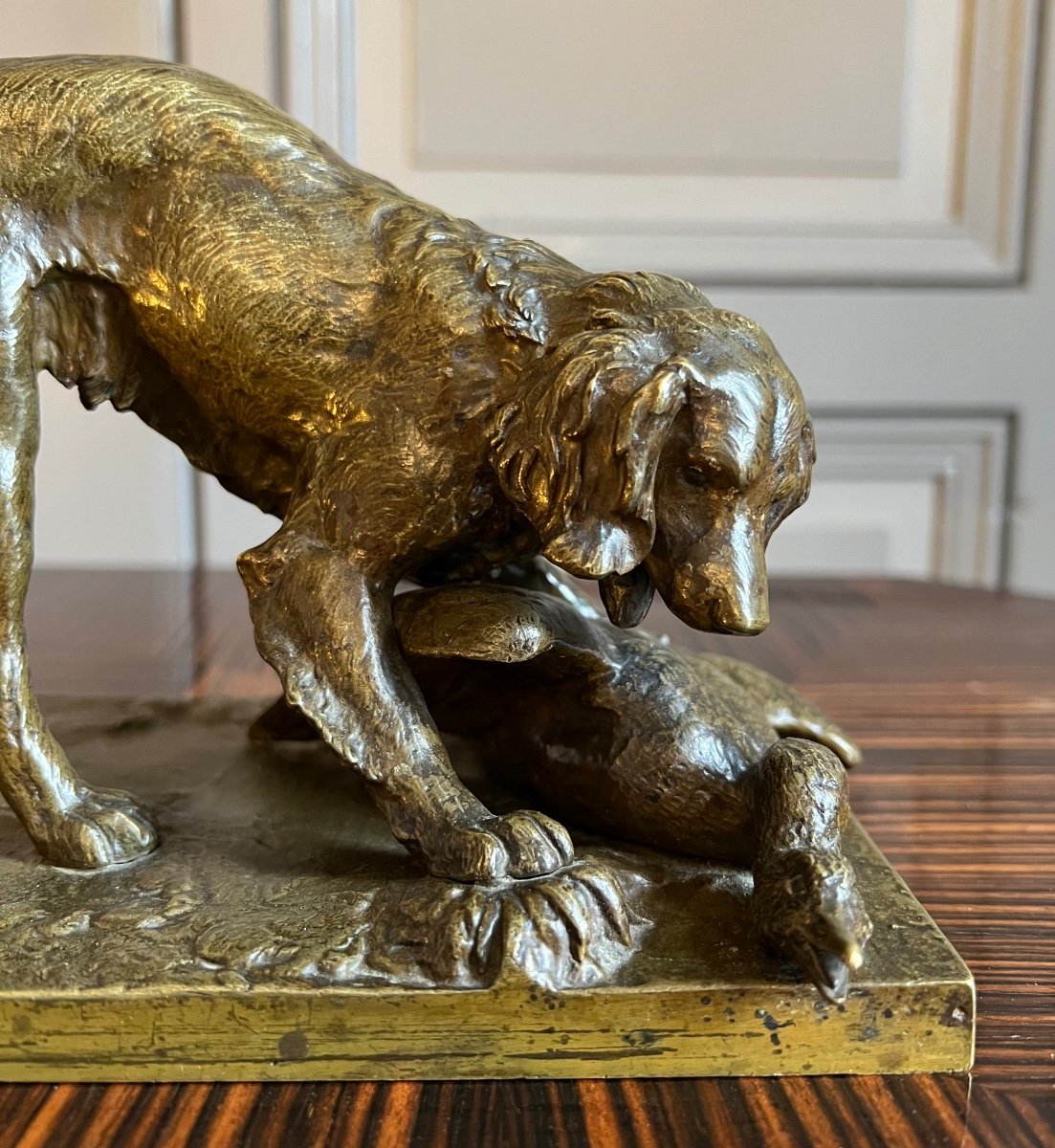 Barye Workshop - Lifetime Cast, Animalier Bronze “spaniel In A Hunting Stance On A Goose”  -photo-5