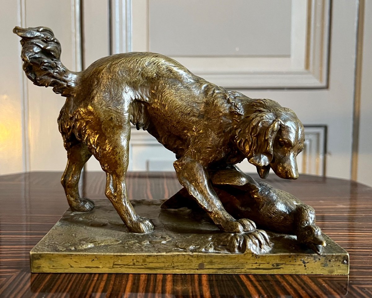 Barye Workshop - Lifetime Cast, Animalier Bronze “spaniel In A Hunting Stance On A Goose”  -photo-6